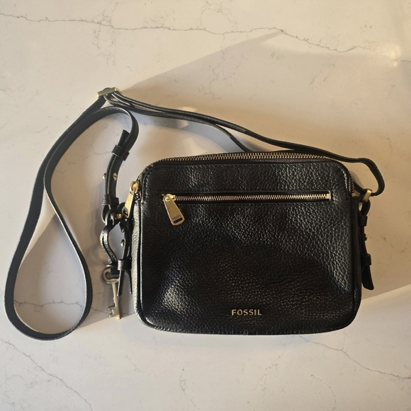 Fossil Black Pebbled Leather Crossbody Bag • Double Zip Camera Style • Gold Hard - Picture 2 of 10